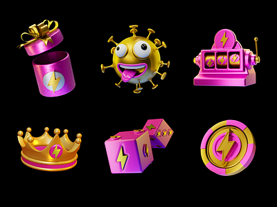 VoltSlot - 3D Icons Set 3d 3d icons casino coin crown cubes dice gambling game gaming gift box icon set icons illustration money pink roulette slot virus volt