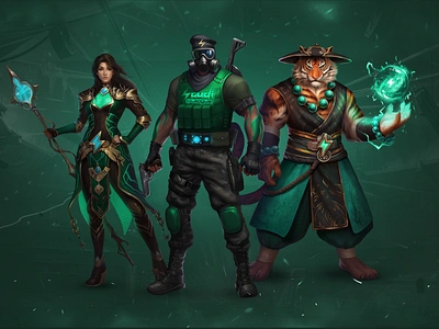 Saudi eLeague - Characters Set 2d branding character characters custom esport esports fantasy gambling game gaming green illustration magic mascots set soldier tiger witch