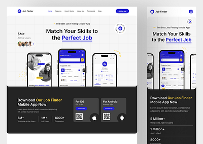 Job Finder App Landing Page UIUX Design | Figma | Web UI app app design app landing page design designer designs figma job finder app landing page landing page responsive website ui uiux design usa user interface ux web design web designs web ui website website ui design