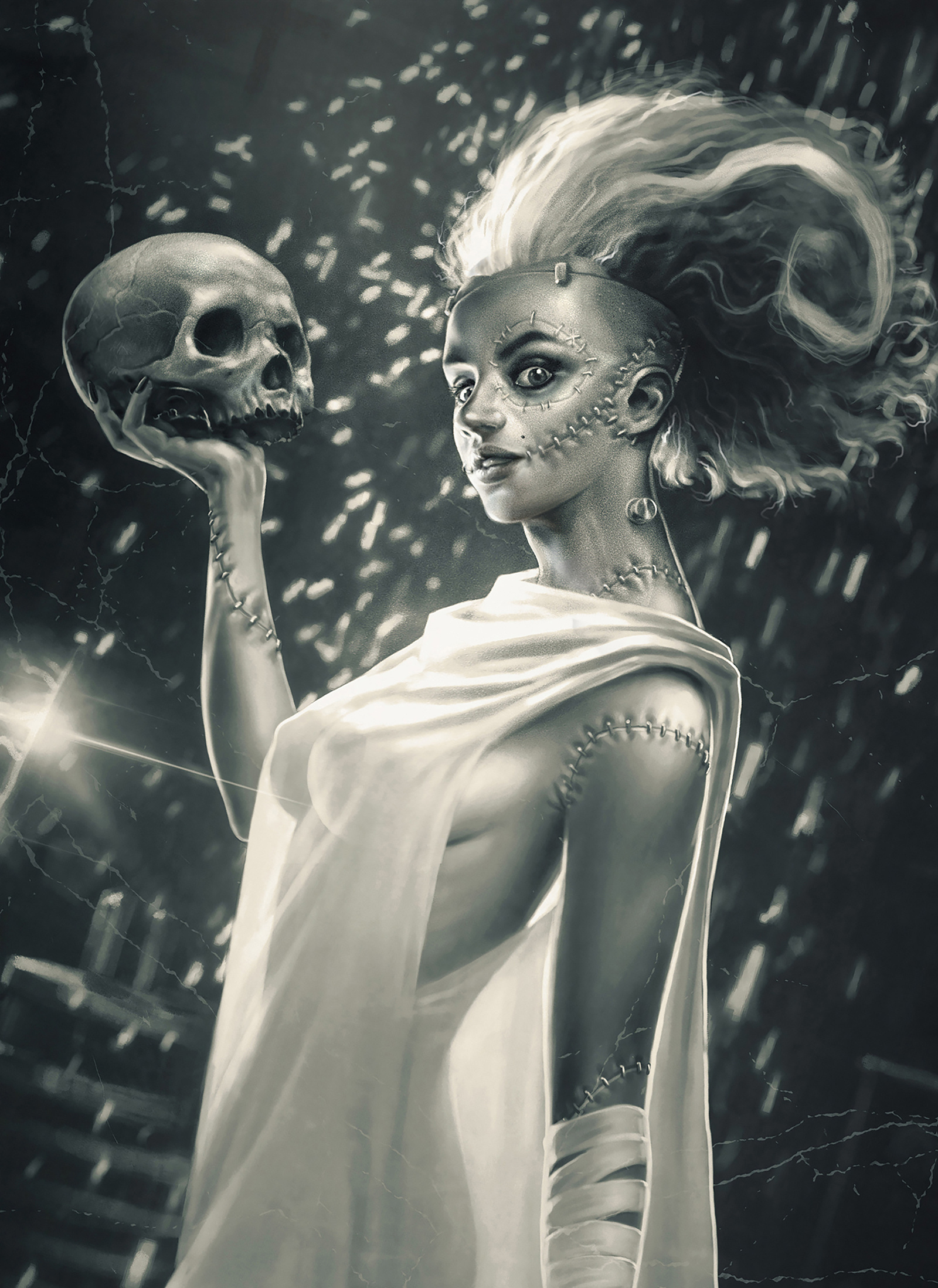 Bride of Frankenstein black and white cheesecake erotica frankenstein halloween illustration monster woman