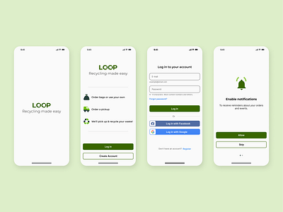 Loop recycling app: Sign-up and onboarding circular economy log in mobile app design onboarding permissions product design recycling app register sign in sign up splash screen ui design uiux ux design