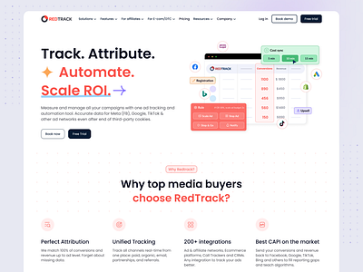 Redtrack website redesign ad tracking colorful design digital digital product figma illustration landing marketing product design red site ui uiux user experience vector