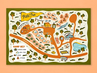 Field Trip Camp Map branding cabin camp camping design flag glamping handmade illustration lake lettering logo map nature pennant tent texture tree type typography