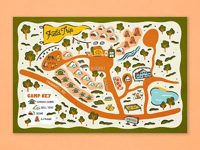 Field Trip Camp Map branding cabin camp camping design flag glamping handmade illustration lake lettering logo map nature pennant tent texture tree type typography