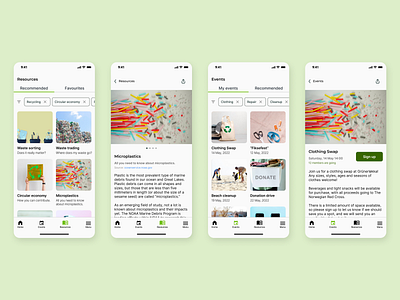 Loop recycling app: Events and Resources article circular economy content switcher event filter mobile app design product design recycling app sustainability tags ui design ux design