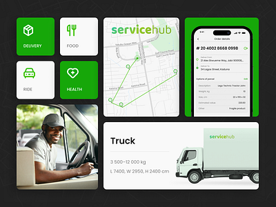 Design Elements of Mobile App | Servicehub bento bento grids booking car courier delivery application food order green icons interface design map mobile app nigeria package delivery ride route servicehub services taxi app truck uxui