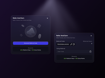 Refer and Earn Modal dark glass dark mode light effect modal popup design ui component ui design ui ux design