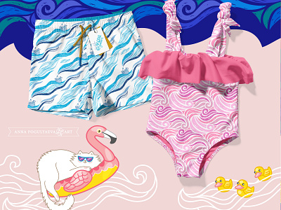 The Sea is Calling. Patterns & Characters. annapogulyaeva annapogulyaeva art branding cat character design design fabric graphic design graphic designer illustration illustrator lettering pattern print relax sea summer swimsuit textile design vector