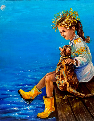 Original Ukrainian painting, Girl, River and Cat art cat girl hand painted painting river ukraine woman