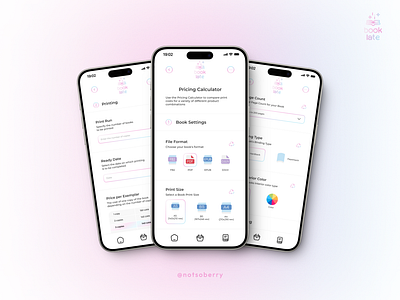 booklate — Book Printing Calculator App (2023) blue book book pricing branding calculator design gradient graphic design home screen list pink pring pricing print calcualtor table ui uiux ux