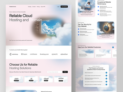 Clouduniverse - Hosting and Domain Landing Page anime style blue domain domain landing page dreamy effect faq footer hosting hosting landing page hosting services landing page logo text pink search testimonials top cloud hosting services ui design user interface web design white