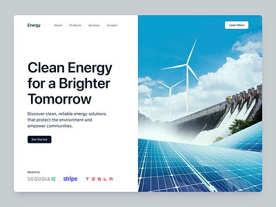 Renewable Energy Website Hero Section electric electricity energy environment hydro panel renewable renewable energy solar solar panels turbines ui ui design ux ux design web web design website wind winf]d turbines