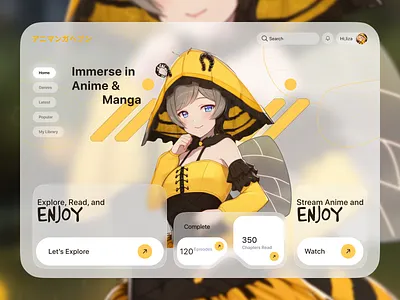 Anime & Manga Streaming Website Design anime creativedesign dribbbleshots glassmorphism graphic design herosection mangawebsite readingplatform uiux webdesign websitedesign