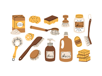 Eco friendly cleaning set cartoon cleaning concept design eco ecological flat illustration supply tools vector