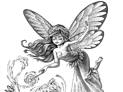 Fairy black and white cake cartoon style engraving fairy girl illustration scratchboard woodcut