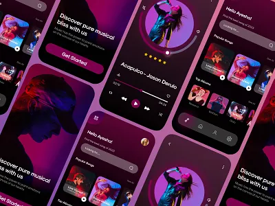 Music Mobile App android app branding clean colorful dark theme design interface minimal mobile mobile interface mobile ui mobile ui design music music app purple ui ux uxui uxui design