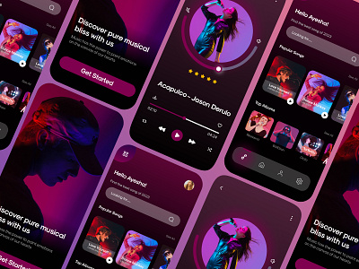 Music Mobile App android app branding clean colorful dark theme design interface minimal mobile mobile interface mobile ui mobile ui design music music app purple ui ux uxui uxui design