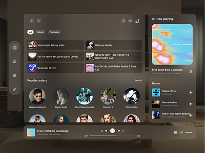 Vision OS Music Player concept 3d apple apple ui branding concept figma glassmorphism graphic design landing logo motion graphics music new os spotify style ui vision vision os