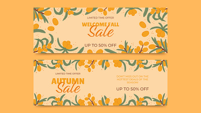 Sea Buckthorn Horizontal banners autumn banner berry cozy design fall flat graphic design illustration leaves promotion sale sea buckthorn template text vector vibe warm