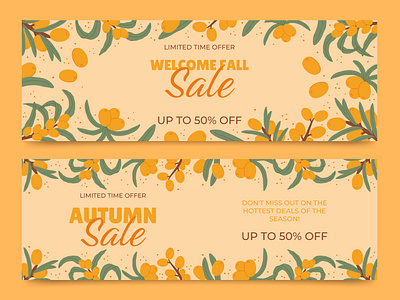 Sea Buckthorn Horizontal banners autumn banner berry cozy design fall flat graphic design illustration leaves promotion sale sea buckthorn template text vector vibe warm