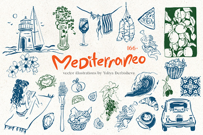 Mediterranean vector illustrations Dolce Vita vintage doodle beverages branding coastal cocktail dessert dolce vita food illustration italian food linework logo mediterranean mediterranean lifestyle pasta pizza sea animals summer vacation vector doodles vector illustration vintage doodle