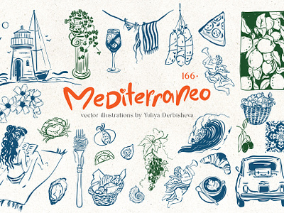 Mediterranean vector illustrations Dolce Vita vintage doodle beverages branding coastal cocktail dessert dolce vita food illustration italian food linework logo mediterranean mediterranean lifestyle pasta pizza sea animals summer vacation vector doodles vector illustration vintage doodle