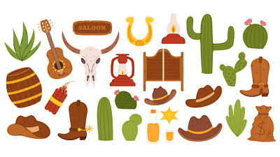 Wild West Clip Art Collection boots bull children cowboy flat graphic graphic design hand drawn hat illustration kid illustration saloon skull vector wild west