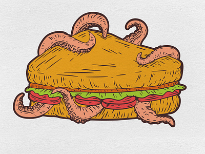 Sandwich art beast food illustration monster octopus print sandwich tentacles vector vintage