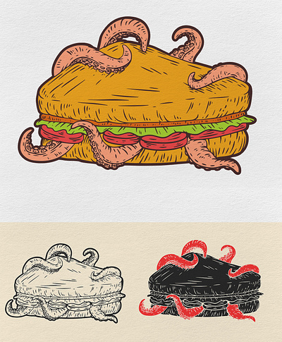 Sandwich art beast food illustration monster octopus print sandwich tentacles vector vintage