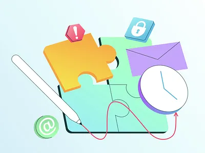 Time management 2d animation animated business clock email envelope gradient illustration letter motion graphics pen planning puzzle time management workflow