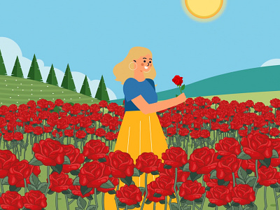 Girl Picking Red Roses 2d animation adobe after effects animation character design flower garden girl hills illustration illustrator motion design motion graphics rose roses ui vector walk