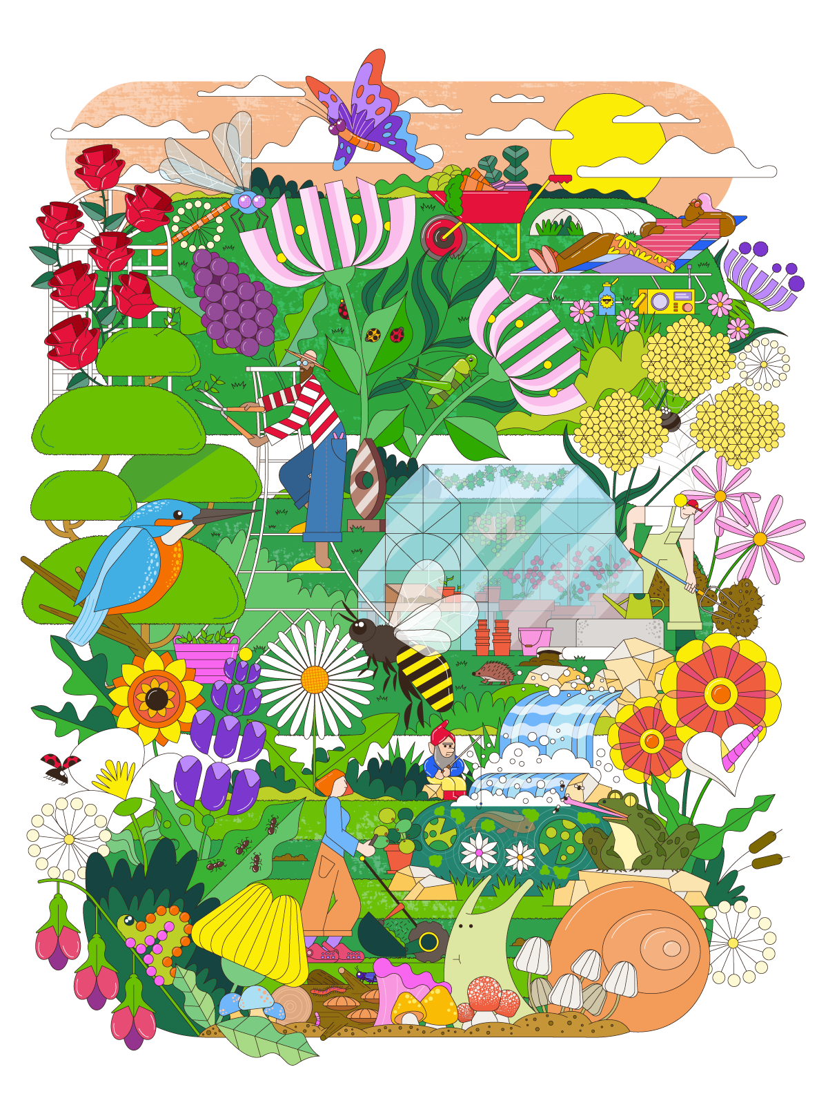 Garden Paradise 2d bee butterfly caterpillar colour digital art flowers garden gardening illustration illustrator insects kingfisher nature outdoors plants shrubs snail vector weeds