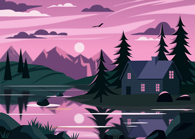 The lake house at sunset illustration illustrator vector