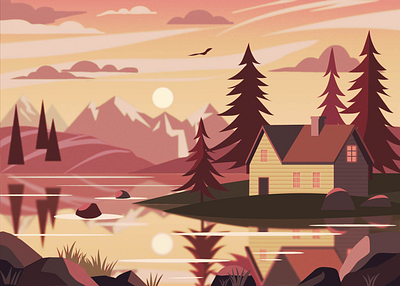 The lake house at sunrise illustration illustrator vector