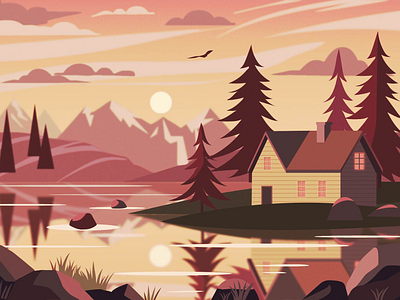 The lake house at sunrise illustration illustrator vector