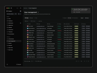 User management 2f auth access management account account permission app dark mode data table email full name manage notification role status table team members user management user management system users users permissions web app