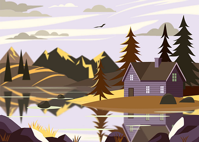 The lake house in the fall illustration illustrator vector