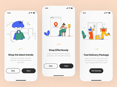 Onboarding page for e-commerce app app black ecommerce mobile onboarding onboarding process orange shopping ui ux white