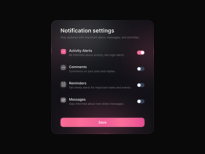 Notification settings app color dark darkmode dashboard desktop form glassmorphism gradiant minimal nav notification settings product design saas settings toggle ui ui design us design user interface