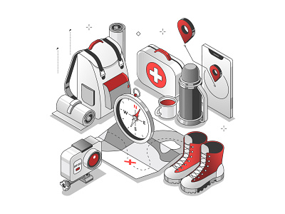 Tourist set - Isometric Illustration backpack camping design first aid kit hiking illustration isometric isometry map style tourism travel vacation vector