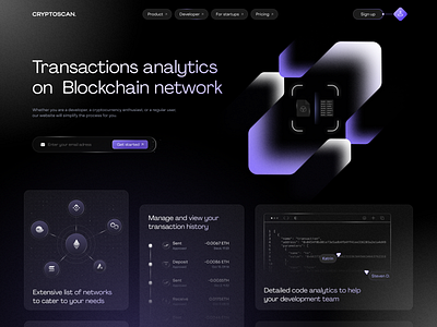 Cryptoscan-Blockchain service page app blockchain crypto crypto wallet cryptocurrency dark design futuristic illustration interchain landing page logo service site technology ui ui ux web design web3 website