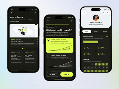 Crypto Learning App cryptocommunity cryptoeducation cryptolearning edtech interactivelearning learncrypto mobileapp quiztime tradingapp ui userprofile