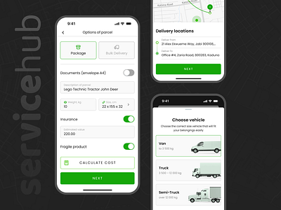 Delivery Options of Parcel | Servicehub booking car car courier delivery address delivery type interface design map mobile app mobile application nigeria options of parcel package delivery pin ride route servicehub taxi app truck uxui vehicle