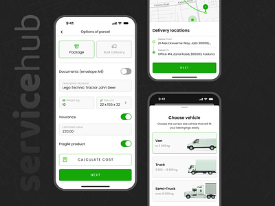 Options of Parcel | Servicehub booking car car courier delivery address delivery type interface design map mobile app mobile application nigeria options of parcel package delivery pin ride route servicehub taxi app truck uxui