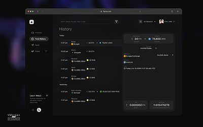 Transaction history page for a crypto wallet. defi history transaction history ui web3