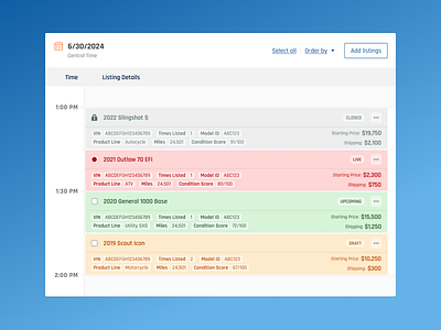 Auction Run List Concept auction design schedule ui design ux design