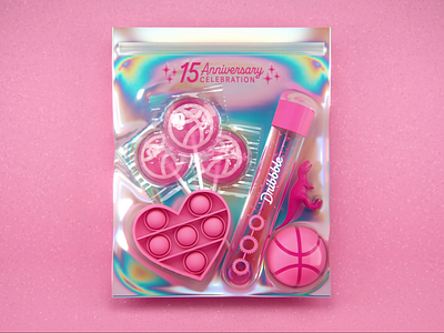 Dribbble 15 Goodie bag 15 years 3d after effects animation anniversary basketball bubbles c4d candy celebration cgi cinema 4d design dinosaur dribbble goodie bag illustration lollipop minimal toys