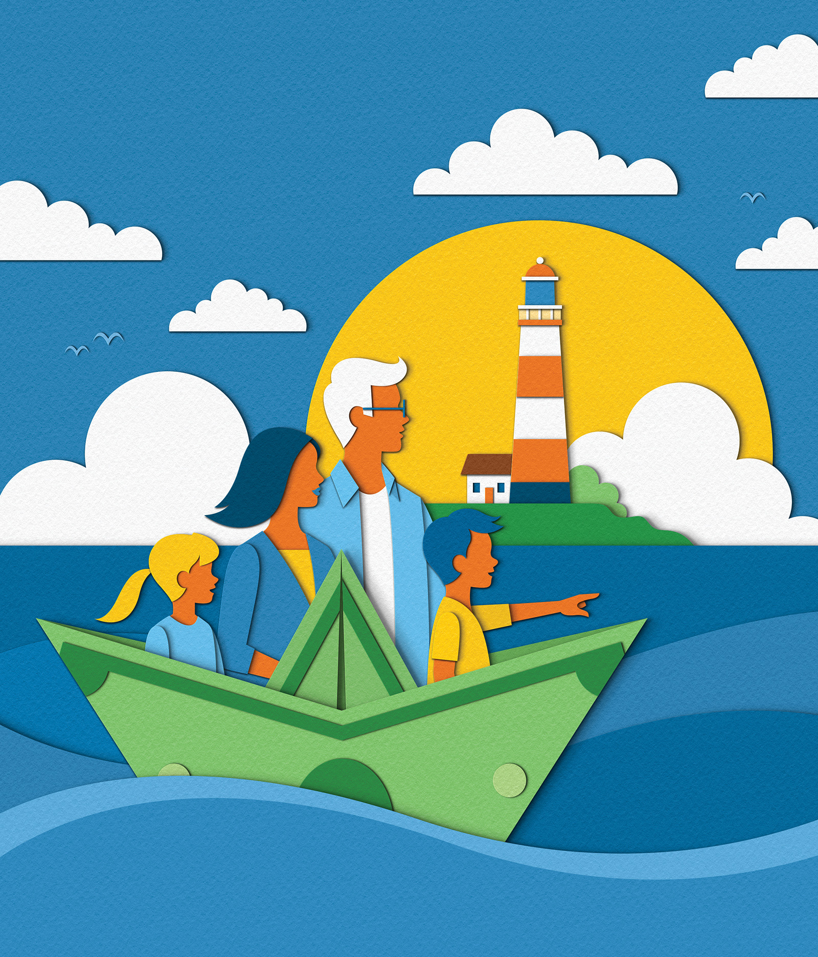 Marriott Alumni Magazine - Money Talks boat cover dollar editorial family finance illustration kids lighthouse magazine money paper craft people sailing sea