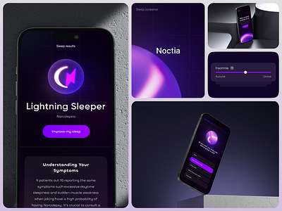 Noctia - Sleep Screener 🌙 3d ai app artificial intelligence bento branding button card dark design graphic design grid ia mobile night product purple slider sphere ui