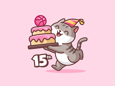 Happy Birthday Dribbble! adorable anniversary birthday cake cartoon cat celebration character cute dribbble fat funny happy illustration joyful kitten mascot party playful running